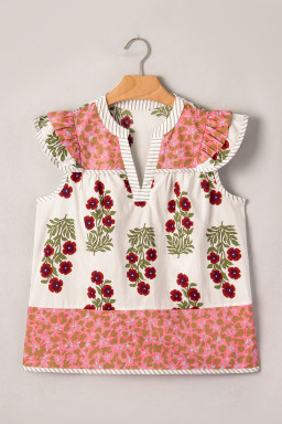 White Floral Print Contrast Striped Trim Flutter Cotton Blouse
