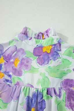Purple Floral V Collar Short Sleeve Tiered Ruffle Mini Dress