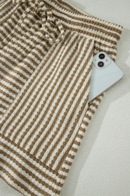 Brown Stripe Breathable Textured Knit Short 2pcs Set