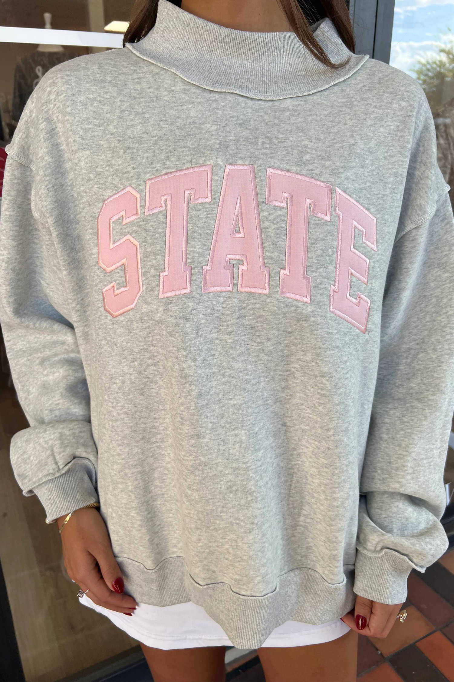 Light Grey STATE Embroidered High Neck Sweatshirt Casual Loose Fit Long Sleeve Pullover Top