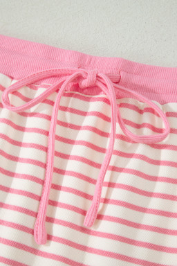 Pink Stripe Color Block Patchwork Polo Tee Drawstring Elastic Waist 2pcs Skort Set