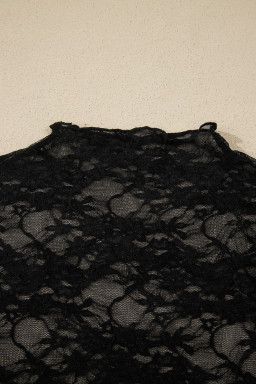 Black Sheer Floral Lace Lettuce Trim Mock Neck Long Sleeve Top