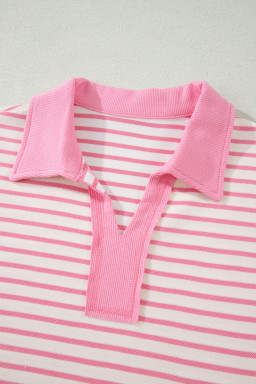 Pink Stripe Color Block Patchwork Polo Tee Drawstring Elastic Waist 2pcs Skort Set