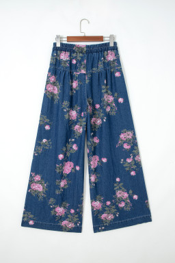 Blue Retro Floral Print Tie Elastic Waist Button Pintuck Wide Leg Jeans