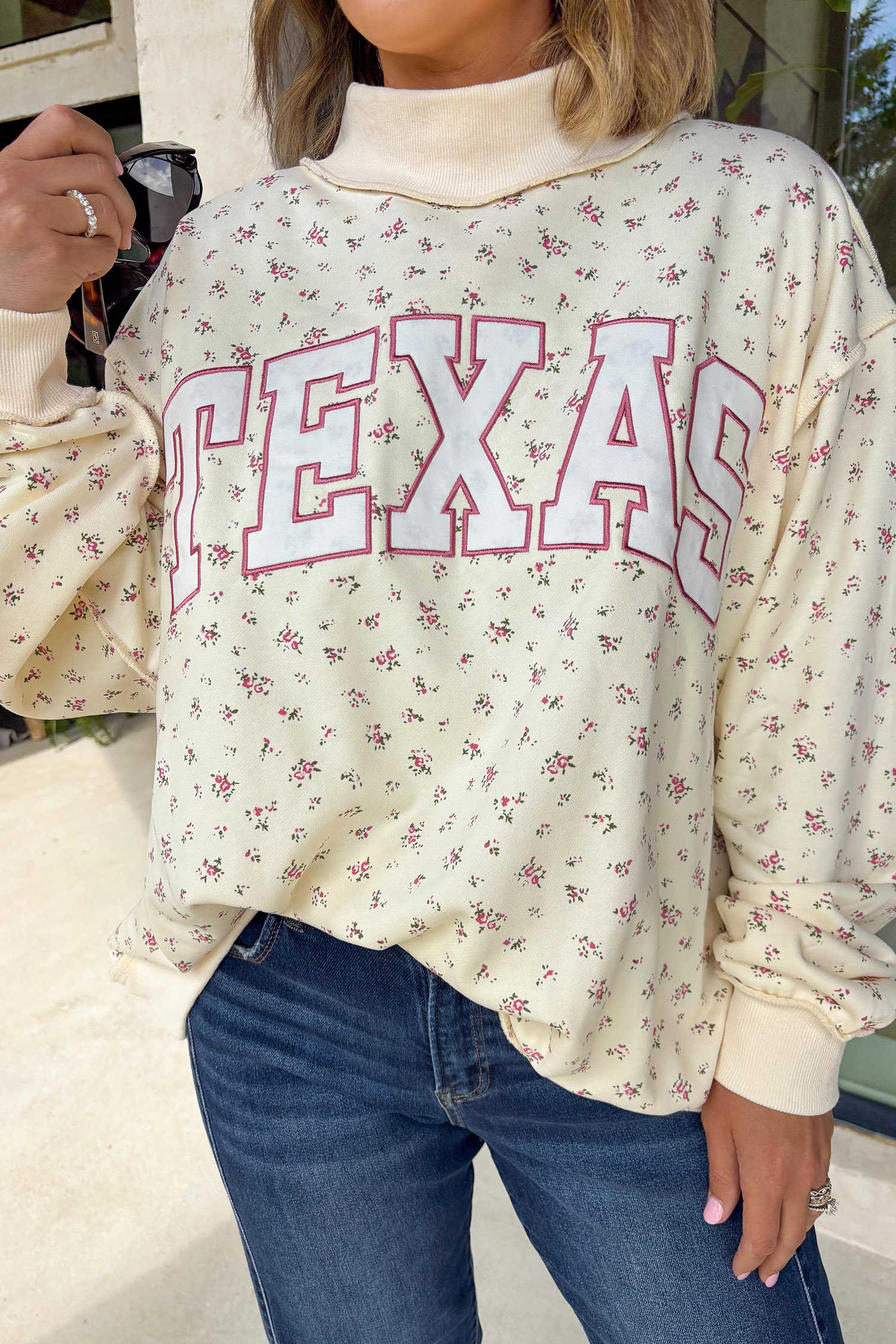 Beige Floral Print Texas Slogan Stand Neck Long Sleeve Casual Sweatshirt