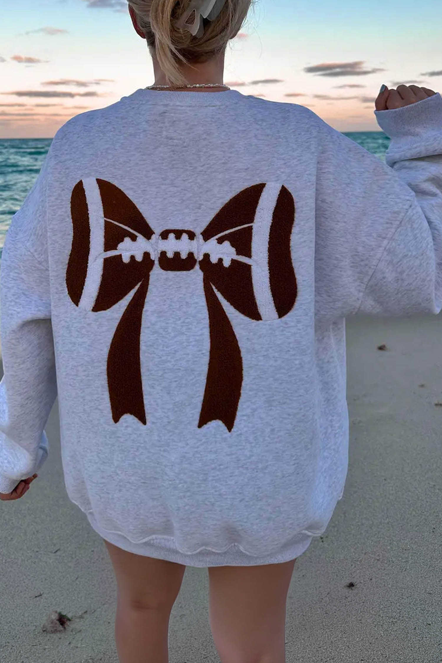 Gray Pearl Grey Football Bows Game Day Embroider Sweatshirt
