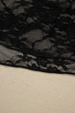 Black Sheer Floral Lace Lettuce Trim Mock Neck Long Sleeve Top