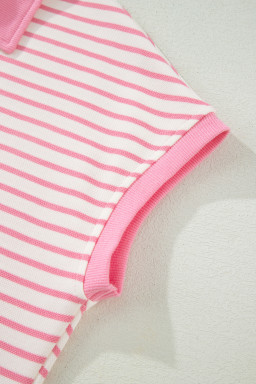 Pink Stripe Color Block Patchwork Polo Tee Drawstring Elastic Waist 2pcs Skort Set