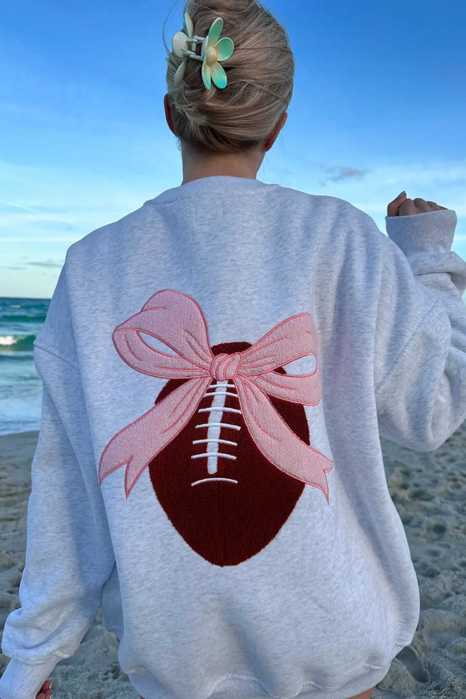 Light Grey Pearl Grey Pink Bow Football Game Day Embroider Sweatshirt