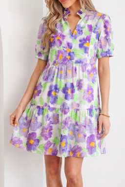Purple Floral V Collar Short Sleeve Tiered Ruffle Mini Dress