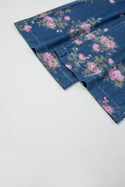Blue Retro Floral Print Tie Elastic Waist Button Pintuck Wide Leg Jeans