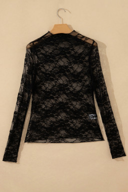 Black Sheer Floral Lace Lettuce Trim Mock Neck Long Sleeve Top