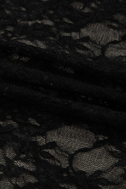 Black Sheer Floral Lace Lettuce Trim Mock Neck Long Sleeve Top