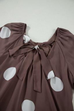 Brown Polka Dot Print Knot Back Short Puff Sleeve Loose Mini Dress