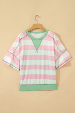 Pink Stripe Exposed Seam Ribbed Patchwork Oversized Tee
