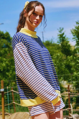 Blue Stripe Striped Ribbed Long Sleeve Shift Pant Set