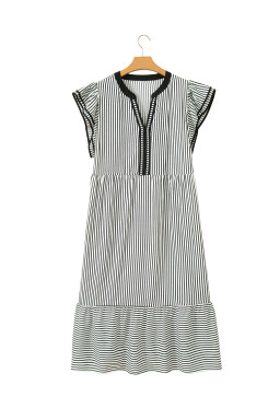 Black Stripe Plus Size Slit V Neck Tiered Flutter Sleeve Maxi Dress