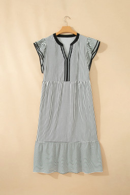 Black Stripe Plus Size Slit V Neck Tiered Flutter Sleeve Maxi Dress