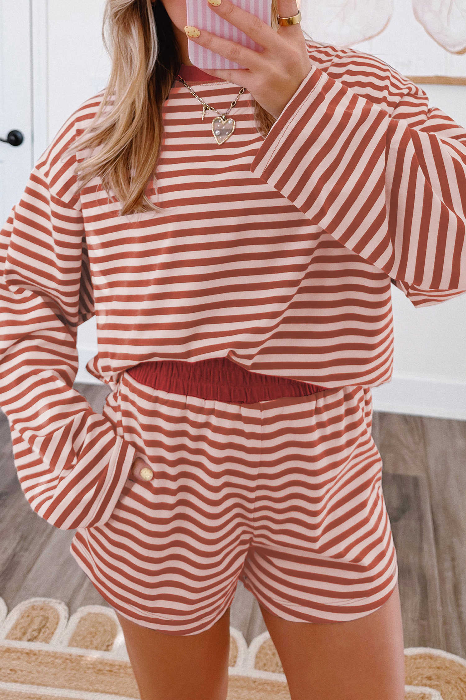 Brown Stripe Striped Long Sleeve Two Piece Casual Set Pocket Hem Stitching Pants Suit