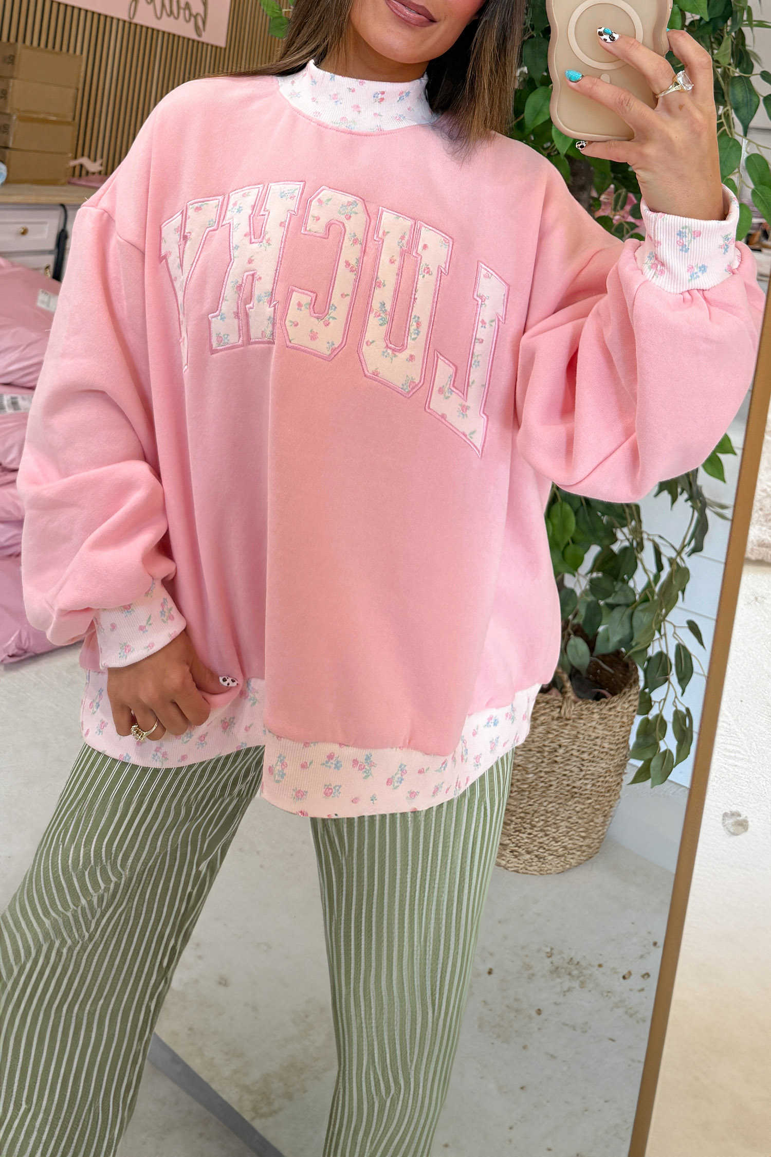 Pink Patchwork High Neck Sweatshirt Floral Embroidery Casual Fit Pullover