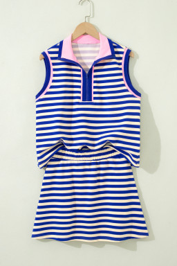 Dark Blue Textured Stripe Print Contrast Trim Zip Collar Sleeveless 2pcs Skort Set