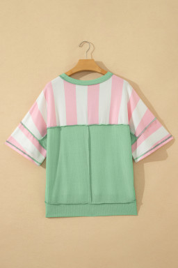 Pink Stripe Exposed Seam Ribbed Patchwork Oversized Tee