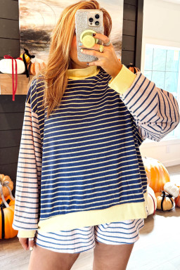 Blue Stripe Striped Ribbed Long Sleeve Shift Pant Set