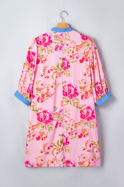 Multicolour Floral Striped Patchwork Trim Half Sleeve Mini Dress
