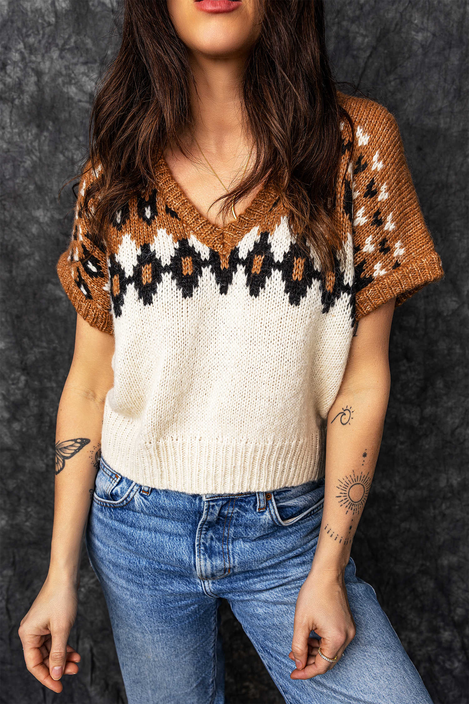 Brown Geometric Pattern V Neck Short Sleeve Western Style Knit Top