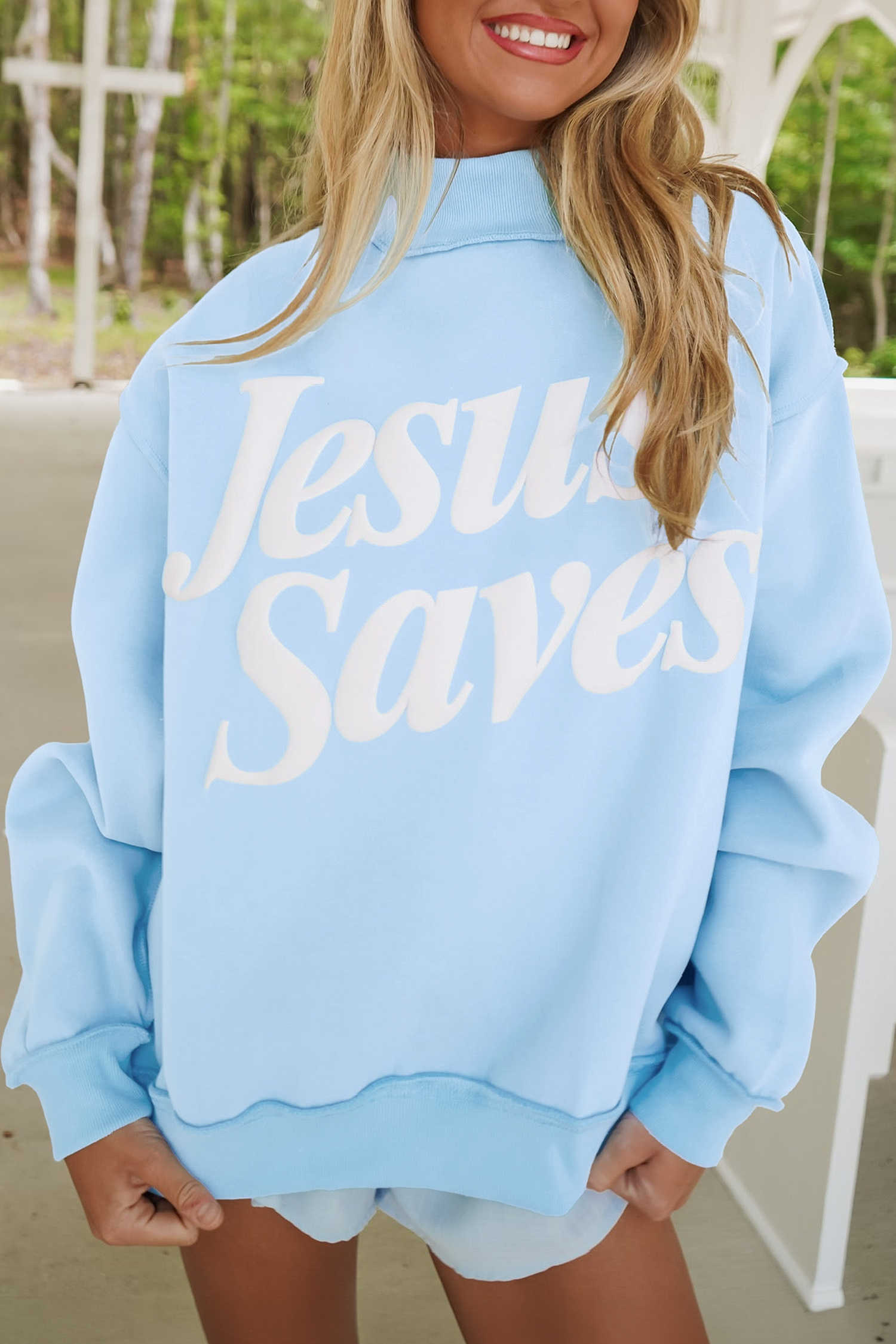 Mist Blue Jesus Saves Slogan Stand Neck Long Sleeve Regular Fit Casual Sweatshirt