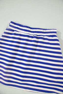 Dark Blue Textured Stripe Print Contrast Trim Zip Collar Sleeveless 2pcs Skort Set