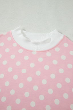 Pink Polka Dot Print Mock Neck Short Sleeve Top Shift Pant Set