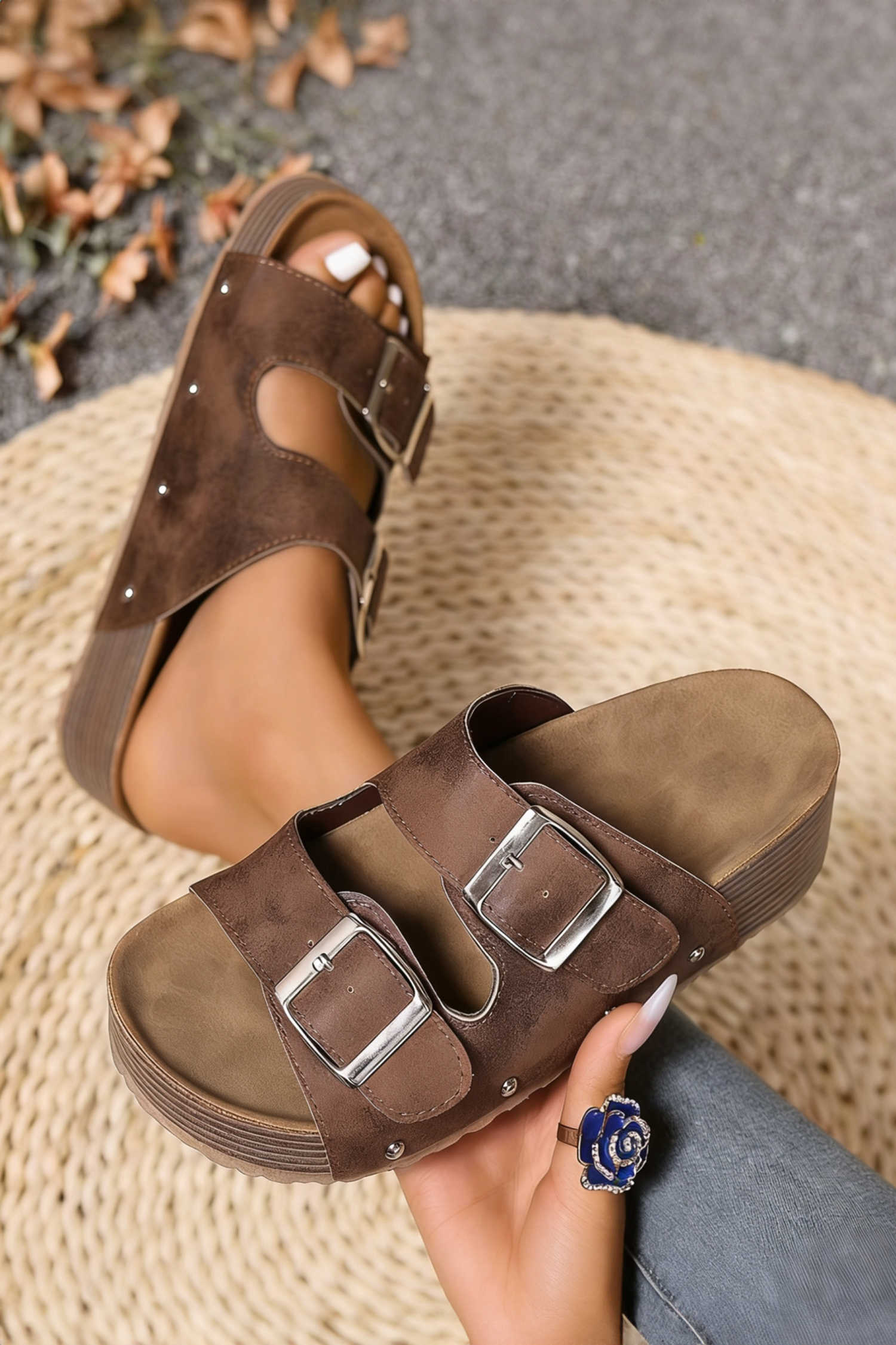 Coffee Retro Double Buckle PU Leather Faux Suede Platform Slippers