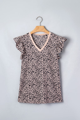 Black Cheetah Print V Neck Ruffle Trim Loose Tank Top
