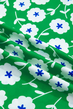 Green Flower Printed Contrast Patchwork Collar Short Sleeve Blouse