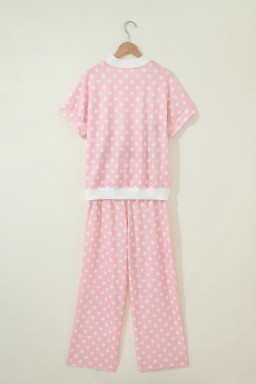 Pink Polka Dot Print Mock Neck Short Sleeve Top Shift Pant Set