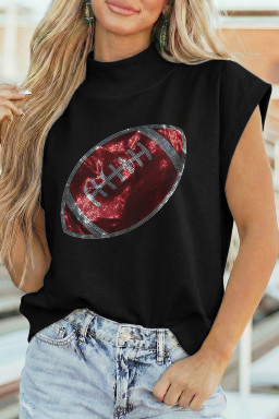Black Rhinestone Rugby Football Pattern High Neck Short Sleeve Top