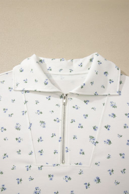 White Floral Print Half Zip Top Matching Short Set
