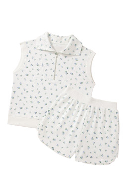 White Floral Print Half Zip Top Matching Short Set