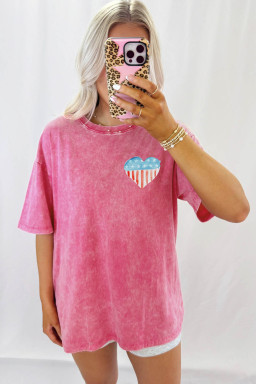 Rose Red Vintage Washed America Patriotic Heart Printed Tee