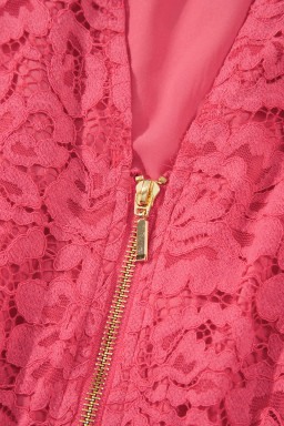 Coral Floral Lace Overlay Zip Up V Neck Smocked Waist Sleeveless Dress