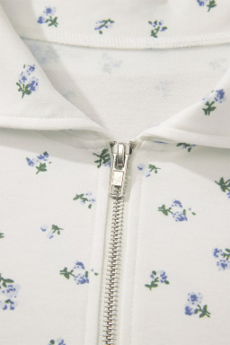 White Floral Print Half Zip Top Matching Short Set
