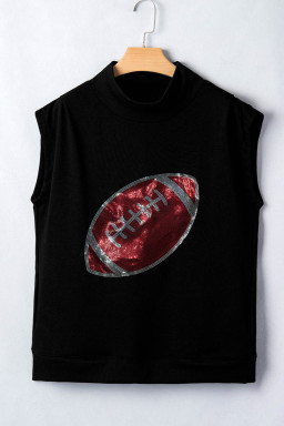 Black Rhinestone Rugby Football Pattern High Neck Short Sleeve Top
