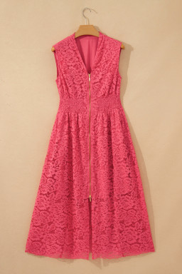 Coral Floral Lace Overlay Zip Up V Neck Smocked Waist Sleeveless Dress