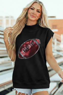 Black Rhinestone Rugby Football Pattern High Neck Short Sleeve Top