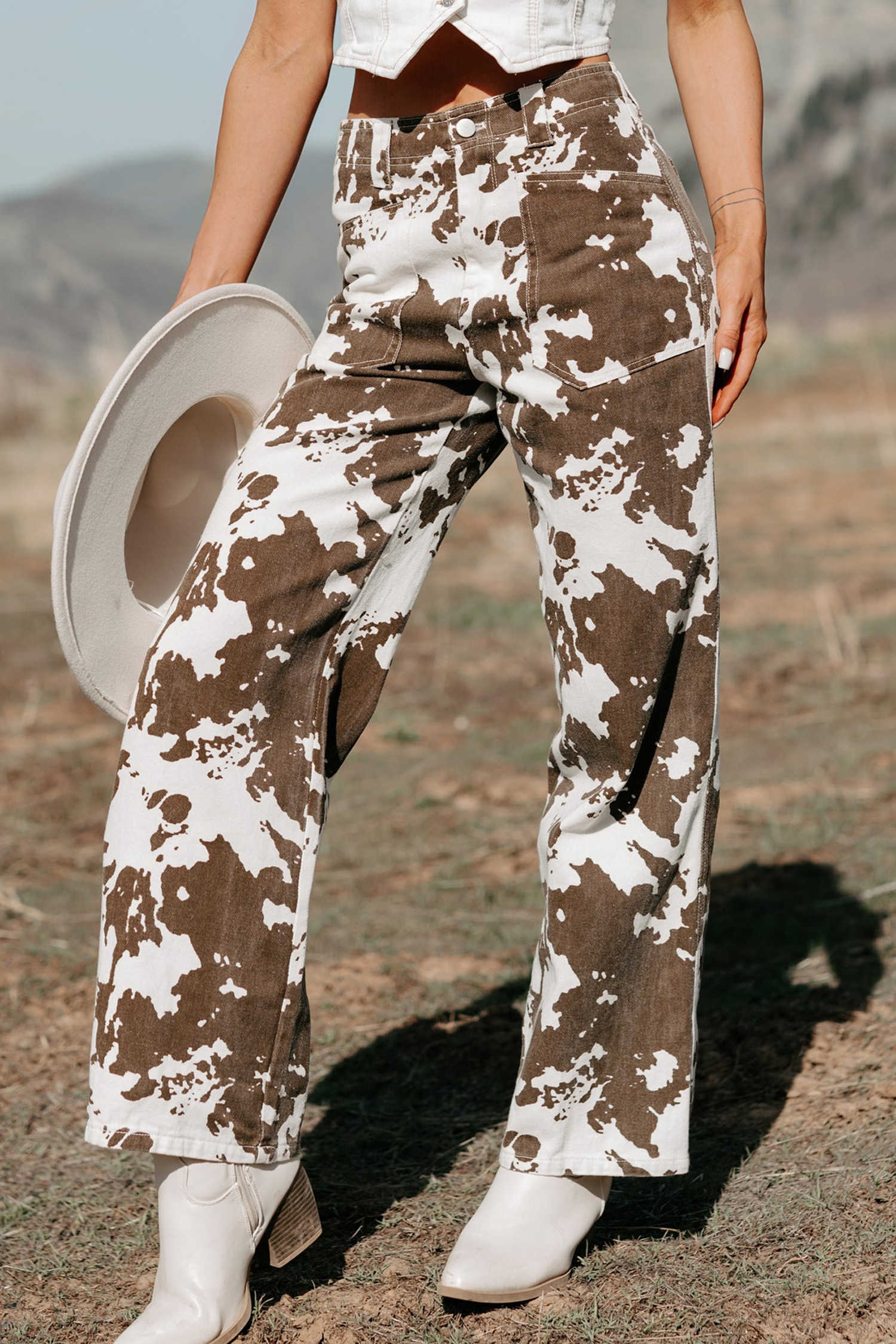Brown Abstract Print Western Jeans Full-Length Regular Fit Denim