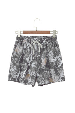 Gray Abstract Maple Leaf Printed Tie Elastic Waist Shorts
