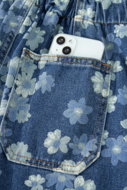 Sky Blue Dainty Floral Printed Drawstring Barrel Jeans