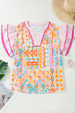 Rose Plus Size Geometric Print Contrast Trim Striped V Neck Blouse