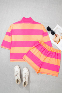 Pink Seam Detail Half Zip Tee Casual Shorts 2pcs Set